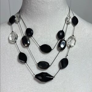 Vintage glass black/silver/clear beaded on a multi-chain black tone necklace